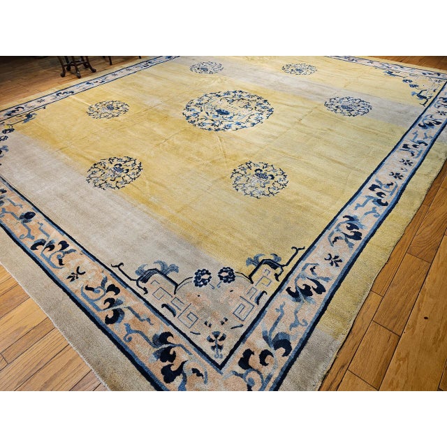 Textile Antique Chinese Peking Rug, Handwoven Ningxia Medallion Pattern, Pale Yellow, 13' X 16' For Sale - Image 7 of 15