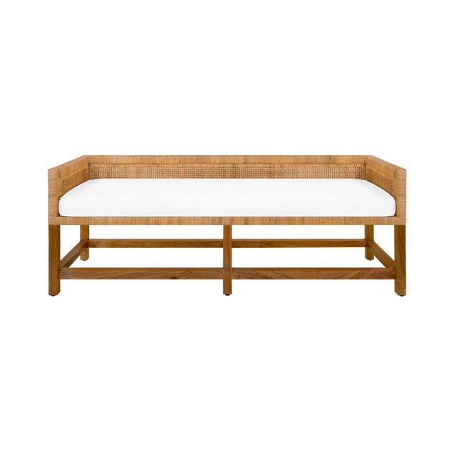 Matthew Izzo Home - Monterey Rattan, Cane & Ivory Linen Cushioned Bench For Sale - Image 9 of 9