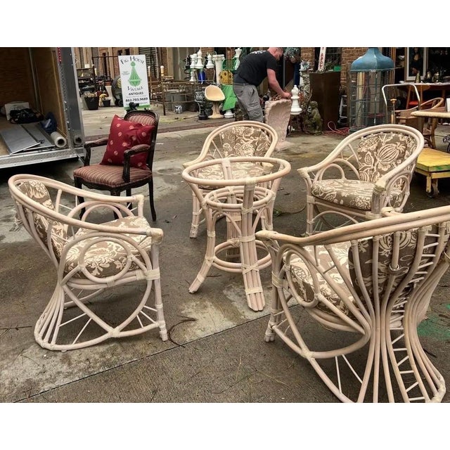 1970s Palm Beach Collection Corset Back Looped Arms Ficks Reed Style Dining Set With Glass Top For Sale - Image 10 of 10
