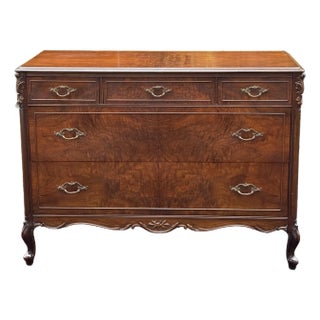 Mid 20th Century Burl Walnut Louis Xv 5 Drawer Dresser For Sale