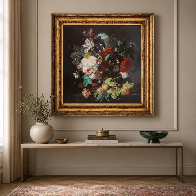 This impressive oil on canvas by Italian painter Angelo Granati presents a richly composed floral still life inspired by...