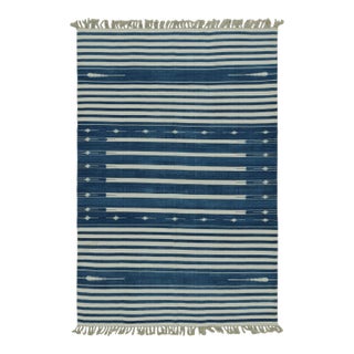 Rug & Kilim's Contemporary Dhurrie Rug with White and Blue Stripes - 8x10 For Sale