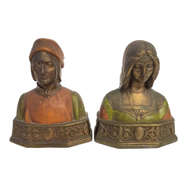 Vintage Dante & Beatrice Pompeian Bronze Colored Bookend Statues- a Pair For Sale