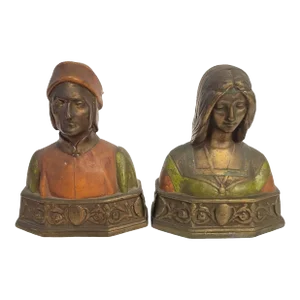 Vintage Dante & Beatrice Pompeian Bronze Colored Bookend Statues- a Pair