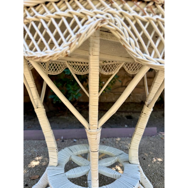 Vintage White Wicker and Rattan Side Table With Scalloped Skirt For Sale - Image 13 of 15