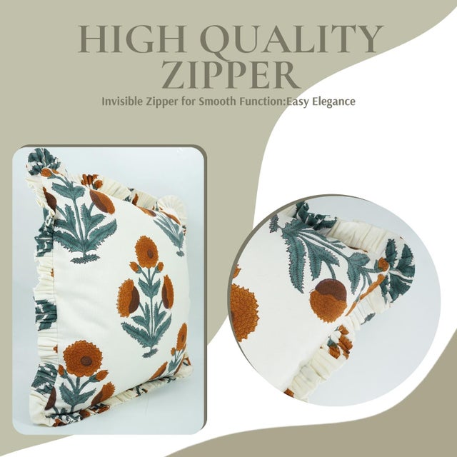 Art Deco Fabdivine Handcrafted Block Print Frill Cushion Cover 18x18 Inch Thick Cotton White- Badshah For Sale - Image 3 of 4