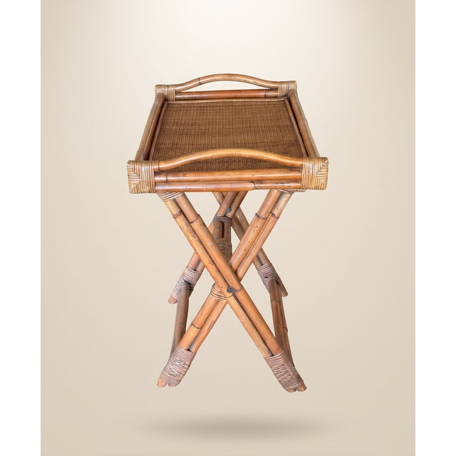 Wood Vintage Bamboo Wicker Rattan Serving Tray With Folding Stand For Sale - Image 7 of 12