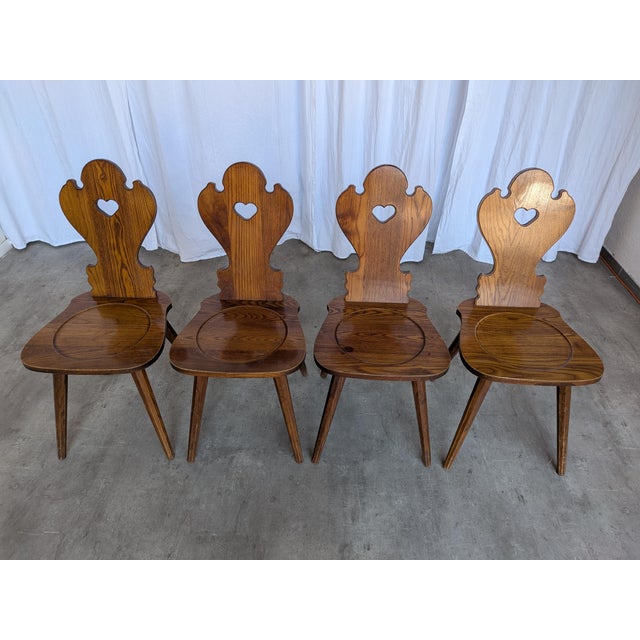 Wood Farmhouse Tyrolean Chair with Heart Cutout Back, 1970s, Set of 4 For Sale - Image 7 of 18
