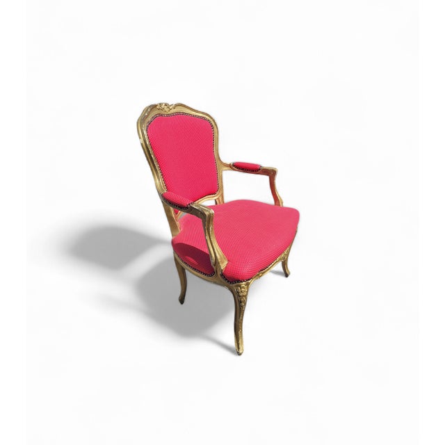 Gold Vintage French Louis XV Style Giltwood Armchair with Rococo Carved Frame and Nailhead Trim, 1940s For Sale - Image 8 of 17