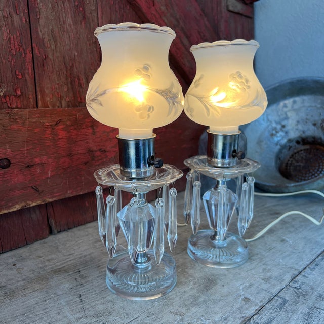 Pair of Vintage Crystal Boudoir Table Lamps With Frosted Floral Glass Shades For Sale - Image 16 of 18