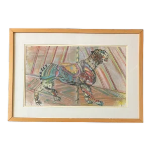 1980s Vintage Pop Abstract Expressionist Pastel Carousel Cat Drawing