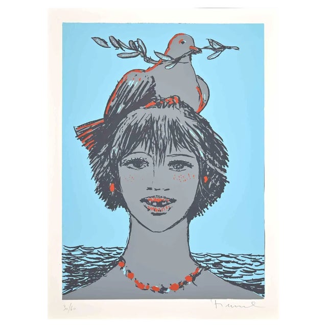 Salvatore Fiume, Portrait with Dove, Screen Print, 1970s For Sale