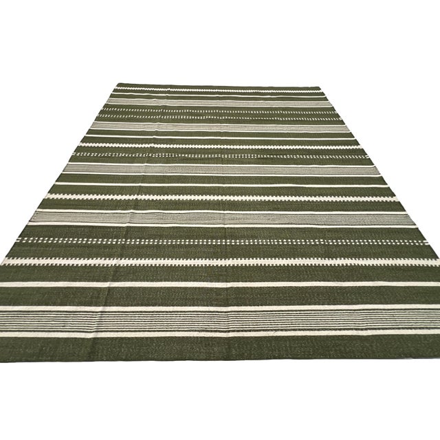 Olive Handmade Woolen Flat Weave Rug, Olive Green and White Striped Wool Rug - 8'x10' For Sale - Image 8 of 13
