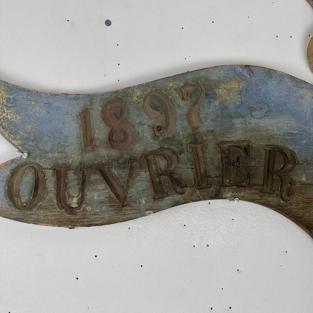 Late 19th Century Late 19th Century Rare & Unusual Pair of French Hand Painted and Carved Wood Trade Sign in Form of Pole & Flag For Sale - Image 5 of 16