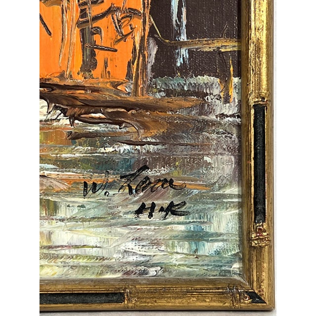 Wood "Ladder Street Hong Kong" Mid Century Impasto Painting by W. Lam, Faux Bamboo Frame For Sale - Image 7 of 7