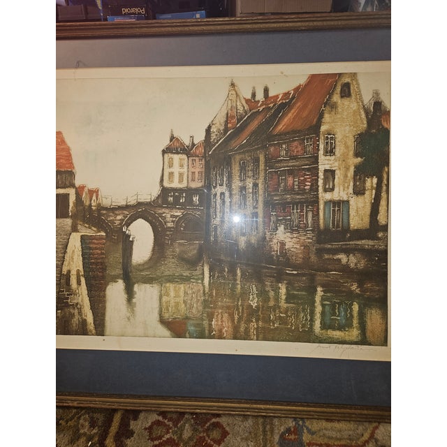 Vintage Print, Canal Bridge in Malines, Signed