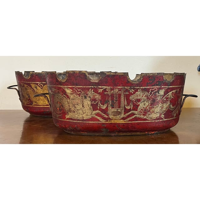 Antique 19th Century French Empire Tole Monteiths or Cachepot Jardinieres With Neoclassical Winged Horses or Pegasus & Lyres Circa 1820 - A Pair For Sale - Image 4 of 14