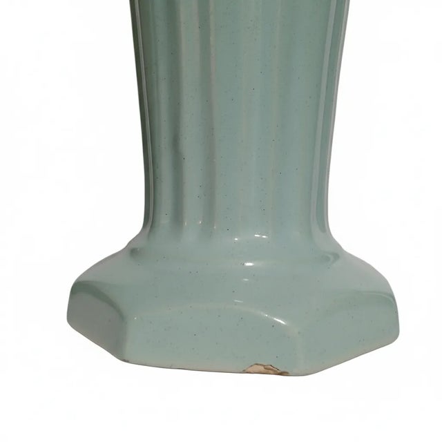 “Rare Art Deco Zanesville Stoneware Trumpet Vase, Speckled Aqua-Glaze, C. 1925–1935” For Sale - Image 4 of 7