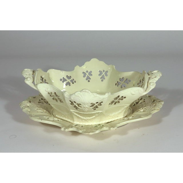 Ceramic English Creamware Rococo Fruit Baskets and Stands, Pair, Pierced and Shell-Molded For Sale - Image 7 of 18