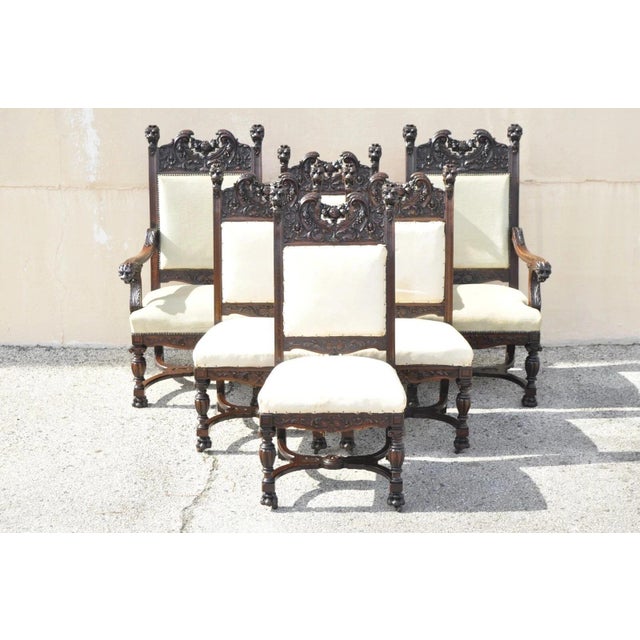 Late 19th Century Rj Horner Attr Renaissance Figural Lion Carved Oak Wood Dining Chairs - Set of 6 For Sale - Image 12 of 16