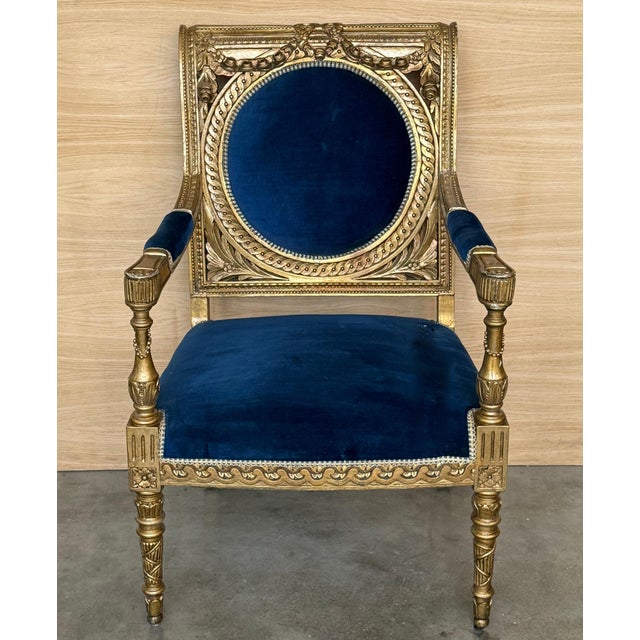 Mid 20th Century Pair of Louis XVI Style Giltwood Armchairs with Blue Klein Velvet For Sale - Image 16 of 18