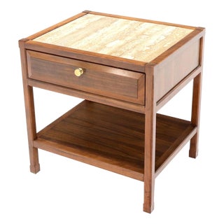 Late 20th Century John Widdicomb Solid Walnut Oak Interior Travertine Top End Table Stand For Sale