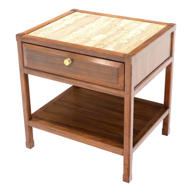 Late 20th Century John Widdicomb Solid Walnut Oak Interior Travertine Top End Table Stand For Sale