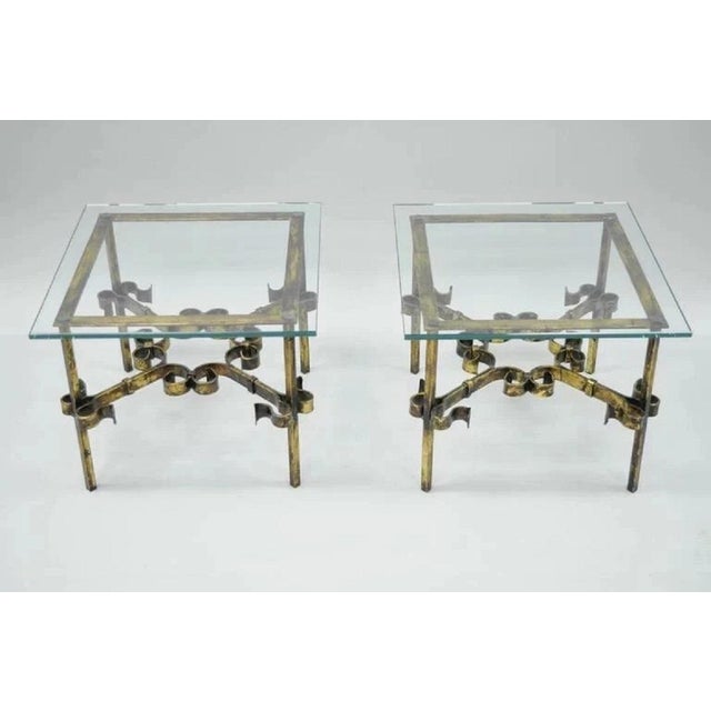 Gold Vintage Spanish Hollywood Regency Gold Gilt Iron Square Glass End Tables - Pair For Sale - Image 8 of 9