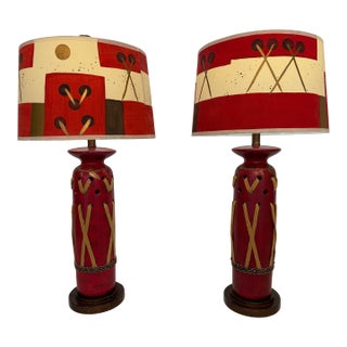 Vintage Hand-Painted Red Southwestern Ceramic Table Lamps - A Pair For Sale