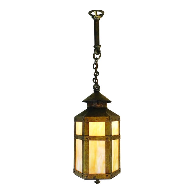 1910s Arts & Crafts Copper Iron Stained Glass Mission Hexagon Chimney Lantern Hanging Lamp 1910's For Sale