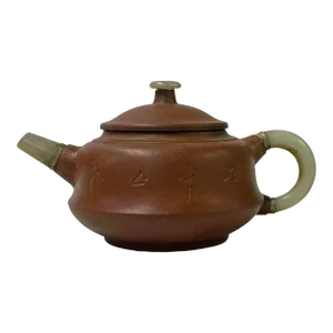 Chinese Zisha Clay Brown Jade Stone Handle Teapot Display Art
