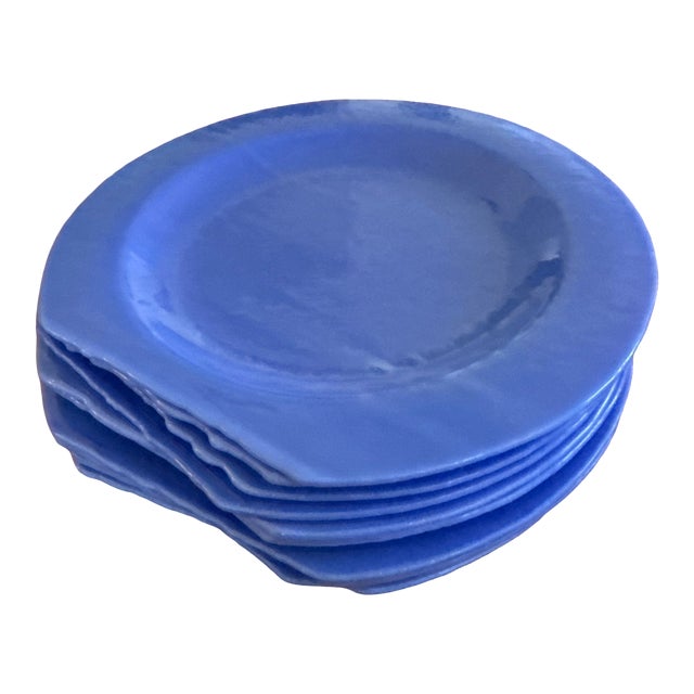 1998 Signed Marcolin Cornflower Blue Studio Art Glass Plates - Set of 12 For Sale