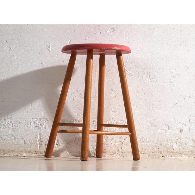 Vintage Wooden Stool with Round Seat, Central Europe, 1950 For Sale - Image 4 of 7