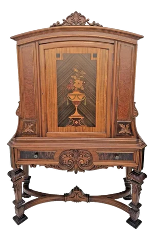 Antique 1920s Rockford Carved Walnut With Marquetry Bar or China Cabinet Hutch