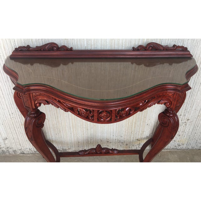1960s 20th Century Fancy Rococo Style Italian Carved Mahogany and Glass-Top Console For Sale - Image 5 of 13