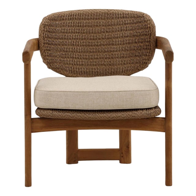 Modern Brown Faux Wicker & Teak Outdoor Arm Chair For Sale