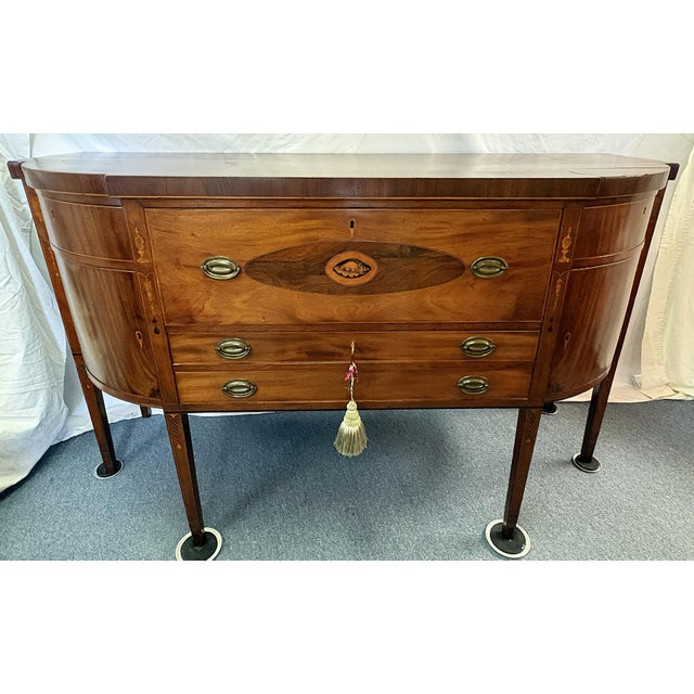 19th Century Sheraton Style Mahogany Bowfront Butler's Sideboard With Secretary Desk, Locks and Keys For Sale - Image 15 of 18