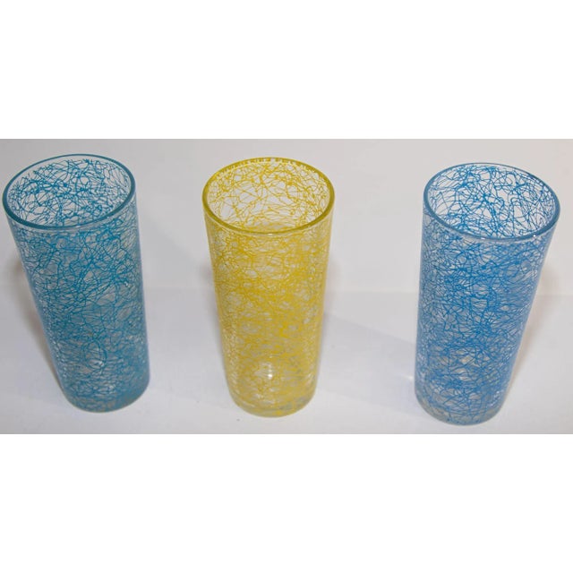 Mid-Century Modern Vintage Collectible Retro Highball Spaghetti Tumblers Set of 3 Blue and Yellow For Sale - Image 3 of 13