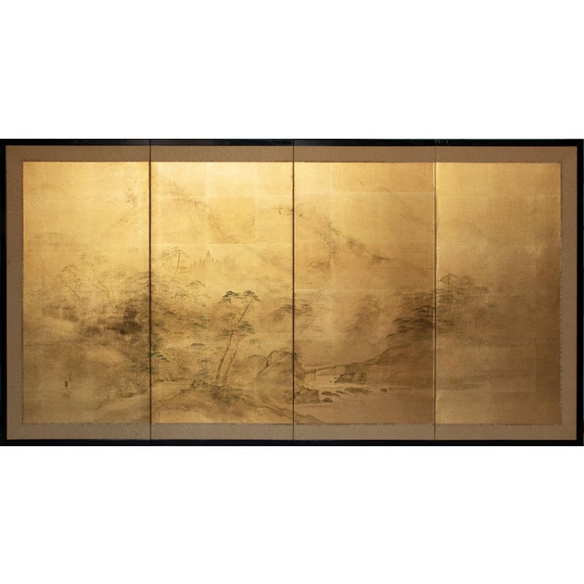 1960s Shōwa Era Japanese Byobu Screen "Landscape With Bridge" on Gold Background For Sale - Image 18 of 18