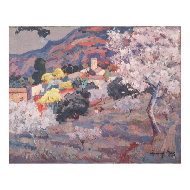Josep Mas Pou, Almond Blossom Landscape, Mid-20th Century, Oil on Canvas For Sale