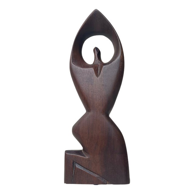 Vintage Abstract Teak Sculpture of Praying Woman, 1970s For Sale