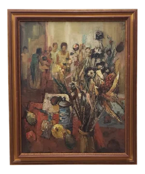 Raymond Thialier (France, B.1913) Still Life W/ Figures Original Oil Painting C.1969
