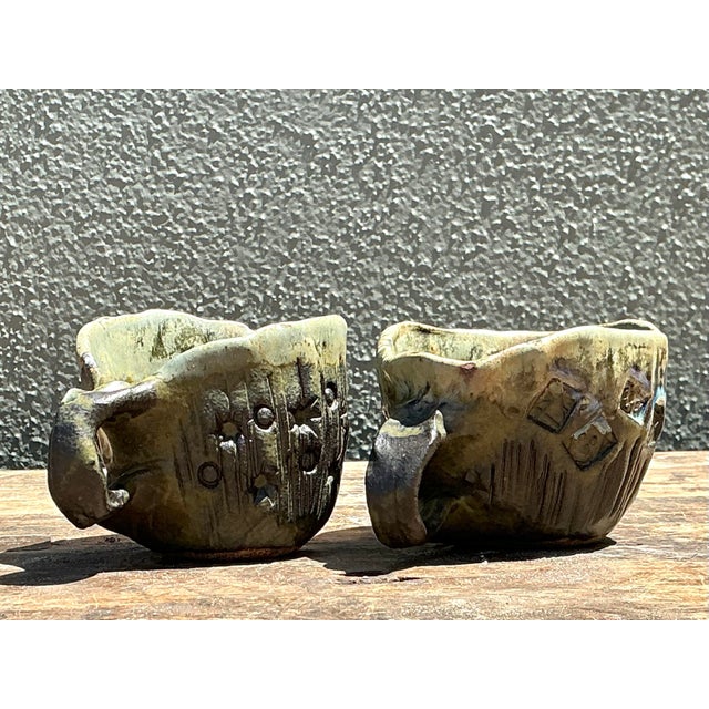 Olive Vintage Slab Built Studio Pottery Cups - A Pair For Sale - Image 8 of 12
