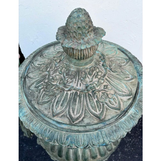 51”h Spectacular Miami Beach Vintage Urn With Lid Classic Cast Bronze Verdigris Patinated - A Pair For Sale - Image 9 of 12