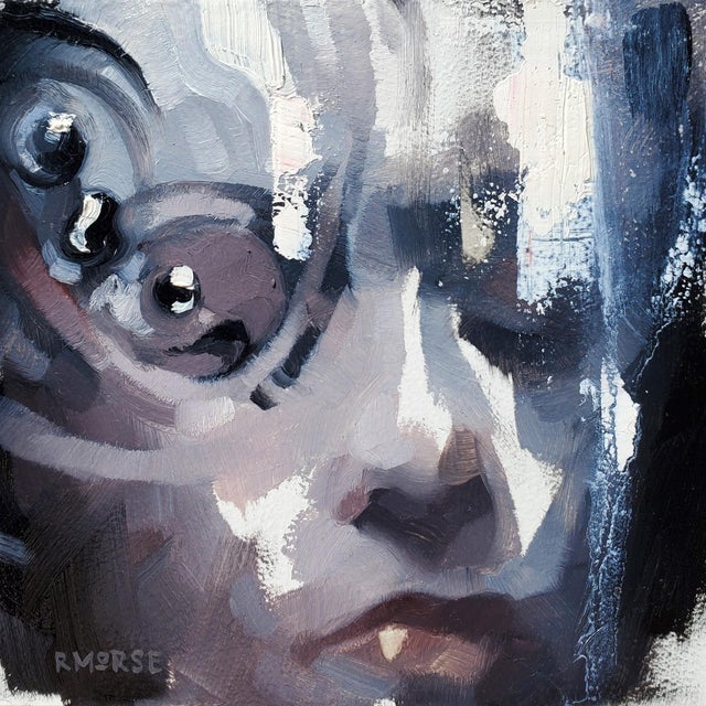 The painting "Bubbles" captures a close-up of a face partially obscured by translucent spheres, evoking a sense of...