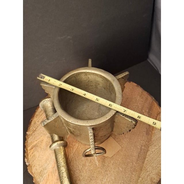 Museum Antique Heavy 18lb Bronze Mortar and Pestle Ribbed Fins Suspension Ring Judaica Sourced J Greenstein For Sale In Boston - Image 6 of 18
