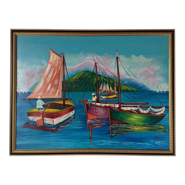 Telfort Emmanuel ( 1964-1987 ) Haitian Folk Art Oil Painting on Canvas - Framed For Sale