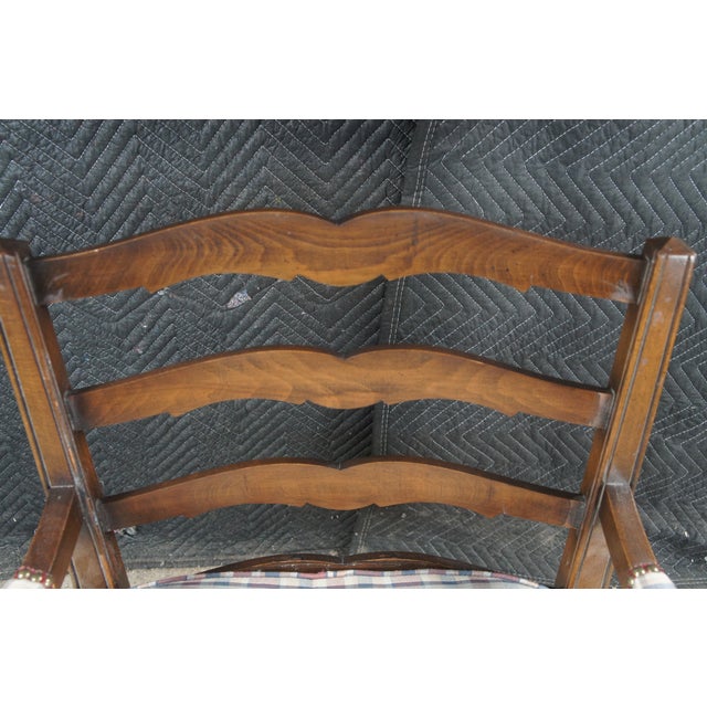 Late 20th Century Late 20th Century 2 French Country Walnut Plaid Fauteuil Nailhead Ladderback Club Lounge Armchairs For Sale - Image 5 of 12