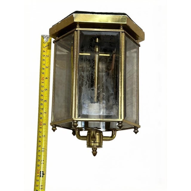 Late 20th Century Traditional Brass and Glass 3-Light Entryway Hall Light Fixture Flush Mount For Sale - Image 4 of 6
