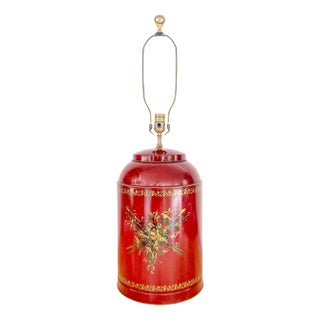 Italian Red Tole & Neoclassical Gilt Medallion Tea Canister Lamp, Circa 1950s For Sale